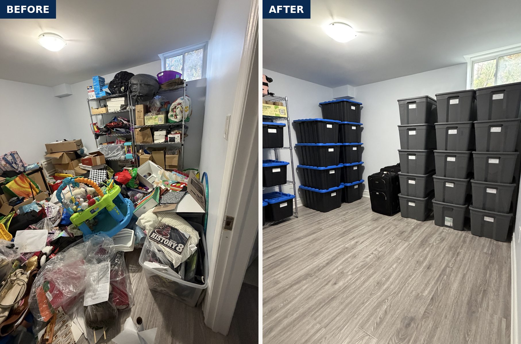 Inside the basement storage room, before and after: cluttered floor, then stacked labeled bins