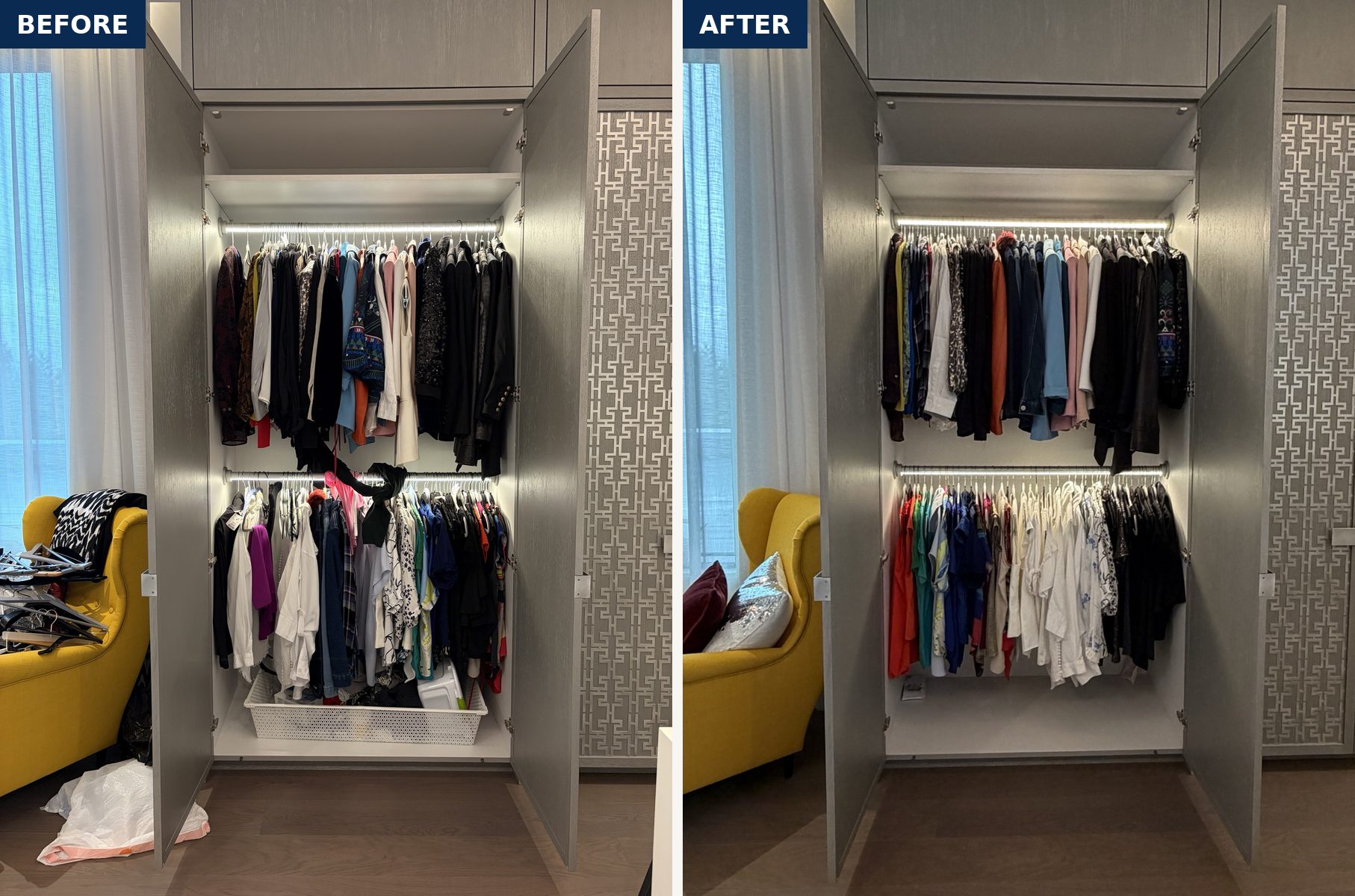 A wardrobe before and after: tangled clothes and a full basket, then sorted by type and colour